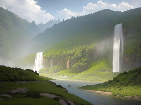 03460-1974264677-ConceptArt, scenery, no humans, cloud, mountain, sky, nature, waterfall, outdoors, water, tree, landscape, forest, river, fog, g.png